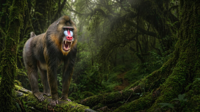 A fierce mandrill baring its teeth while standing on a mossy log in a lush, dense forest, providing ample copy space.