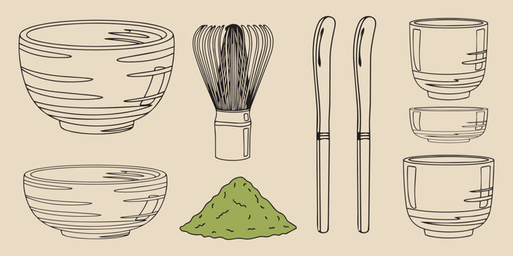 Matcha tea preparation tools with bamboo whisk tea bowls powder pile and ceramic cups vector illustration linear style.