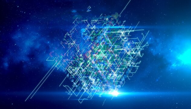 Creative digital block concept with glowing blue data particles and geometric cubes.