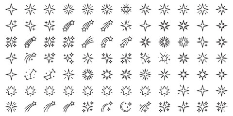 Assortment of sparkling star icons, starbursts, shooting stars, and constellations in a black and white line art style. © SaHeD