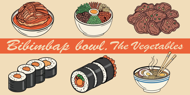 Korean food set with kimchi, bibimbap bowl, meat, sushi rolls, and ramen, traditional asian cuisine dishes.