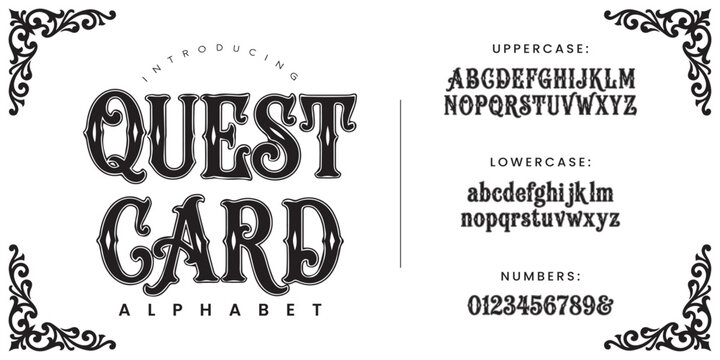 Quest Card gothic vintage display font with ornate textured lines vector illustration layout