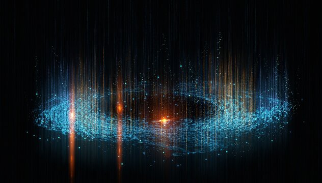 Dark cosmic tech background featuring a glowing amber and blue digital energy vortex.