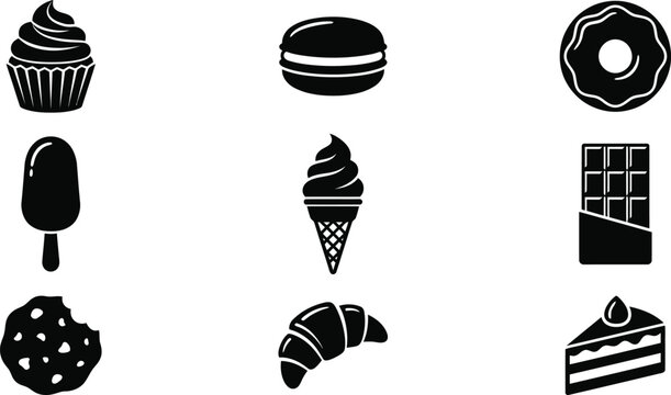 Sweet Dessert and Pastry Silhouette Icon Set Cupcake Donut Cake Macaron Flat Vector Icons