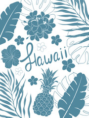 Hawaii poster with palm leaves, plumeria and pineapple illustrations © Mariia