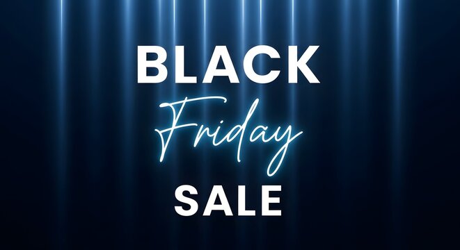 Black friday sale neon sign with dramatic blue curtain background