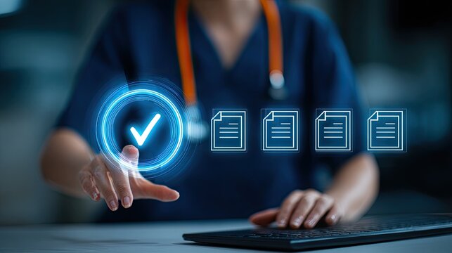Healthcare Professional Approving Medical Documents with Digital Checkmark.