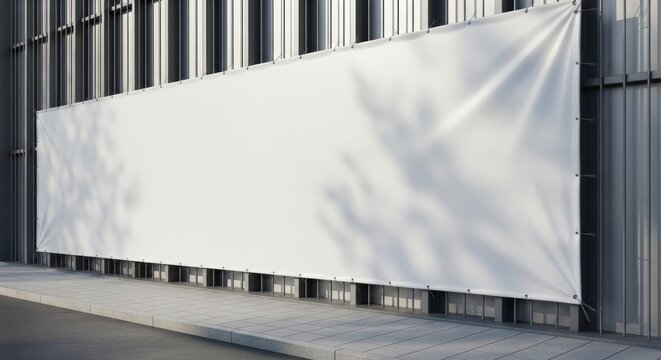 Blank white vinyl banner stretched on modern metal building facade with eyelets and soft tree shadows, outdoor advertising mockup template
