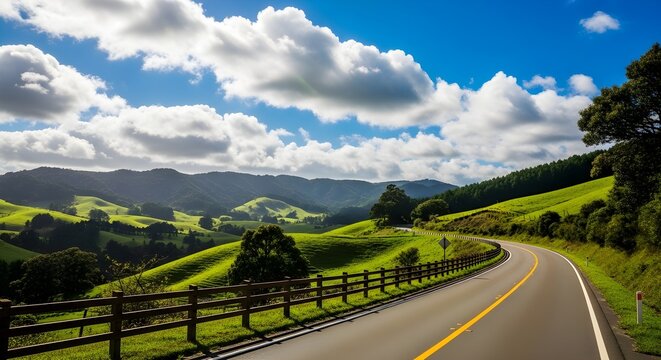 Winding road surrounded by green hills under blue sky, scenic landscape view, rural countryside environment