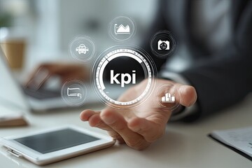 Fototapeta premium Business professional demonstrating KPI concept with digital interface and icons.