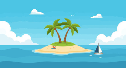 Obraz premium Tropical Island Paradise with Palm Trees and Sailboat