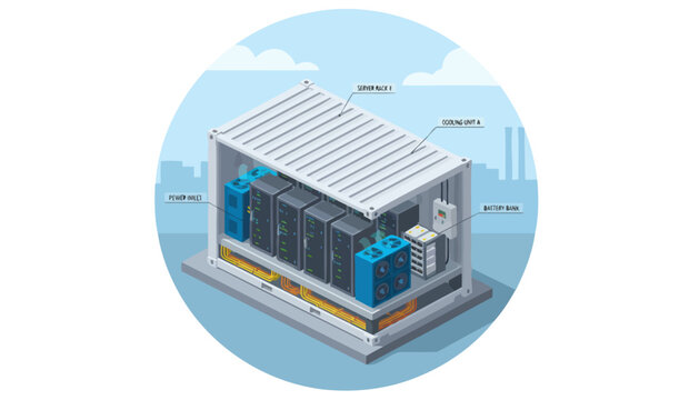 Isometric server room, data center concept, blue background, technology infrastructure