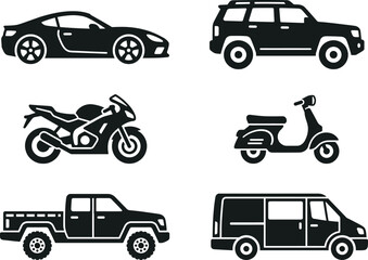Obraz premium Detailed black silhouette icons of various passenger and commercial vehicles