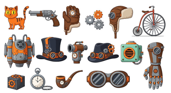 Steampunk icons, 20 steampunk elements, vintage science fiction symbols, orange metallic illustrations