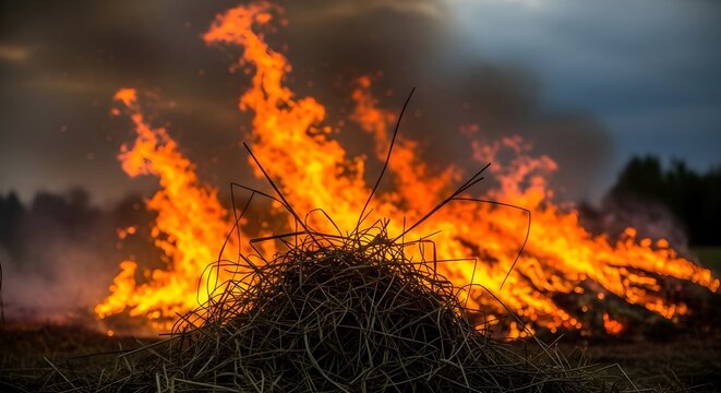 Bonfire blazing amidst bare tree branches at dusk in natural outdoor setting, close-up fire photography with glowing flames