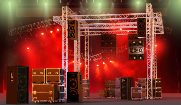 Concert production. Professional audio speaker system and stage truss equipment prepared for live music performance,