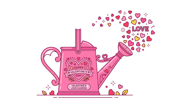 Pink Watering Can Spouting Hearts, Valentine's Day Love Garden Concept