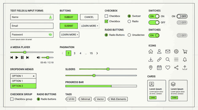 UI Design Elements: Forms, Buttons, Switches, Media Player, Icons, Cards