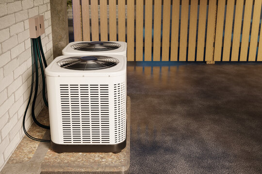 Modern residential HVAC outdoor condenser units installed beside house wall with electrical connections and wooden fence background. Home air conditioning system and heat pump equipment concept