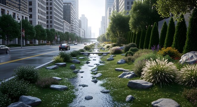 Green city median with a winding stream and diverse plants. Modern urban landscape blending nature with street design and tall buildings