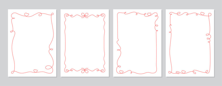 Whimsical red ribbon frame with heart border. Romantic doodle bow outline as cute card decor. Wedding and valentine collection for invite or social media post, minimal hand drawn style on white