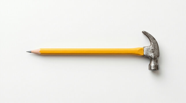 Conceptual hammer with yellow pencil handle, creative construction tool, architectural design and building concept