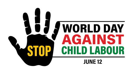 Obraz premium World Day Against Child Labour banner, stop child labor protest sign, June 12 awareness poster with hand print