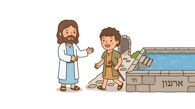 Cartoon illustration of a bearded man in robes talking to a young boy with a wooden staff near a stone water pool on white background