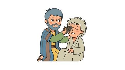 Fototapeta premium Illustration of a bearded man applying mud to the eyes of a young boy in a historical robe setting on a plain white background