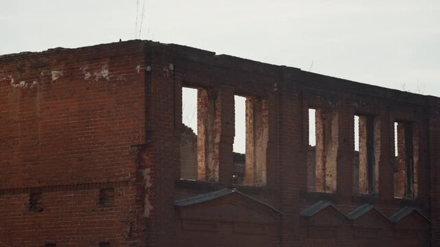 Pretty weathered brick facade with empty window openings, crumbling mortar and rusted roofline under soft dusk light moody atmosphere, gritty texture, desolate urban silhouette, historic industrial