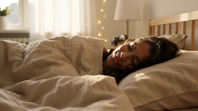 Young woman sleeping peacefully in bed at morning light