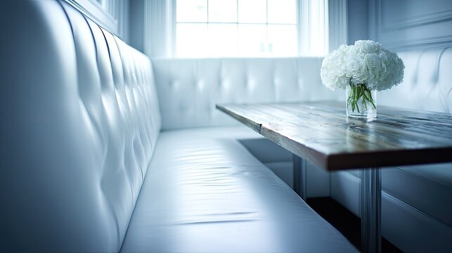 White leather booth seating with a wooden table and flowers.