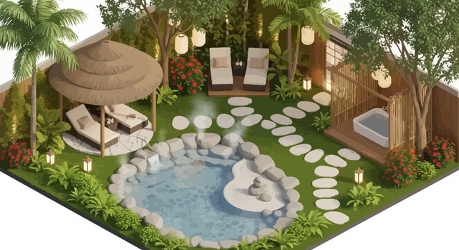 Luxurious outdoor spa and relaxation garden with hot tub and pool.