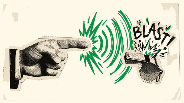 Vintage whistle blower illustration, retro hand pointing at loud whistle with green sound waves, comic style blast vector art