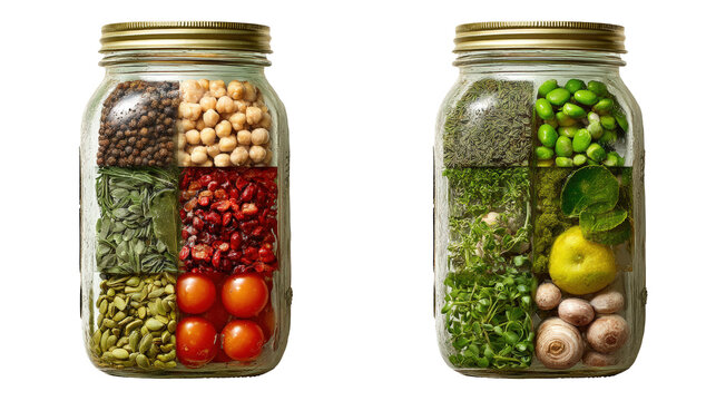 Two glass jars containing various dry grains seeds herbs and fresh produce in a segmented arrangement isolated on transparent background for healthy cooking and culinary ingredient storage