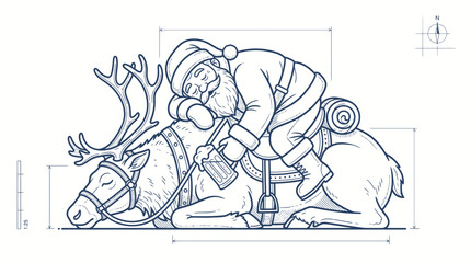 Obraz premium Santa Claus Sleeping on Reindeer, Blueprint Style Drawing, Christmas Holiday Theme