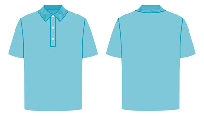 Naklejka premium Blue polo shirt with ribbed collar, button placket and short sleeves with clean sporty silhouette and minimal construction. Technical fashion illustration in flat color, front and back views. Vector