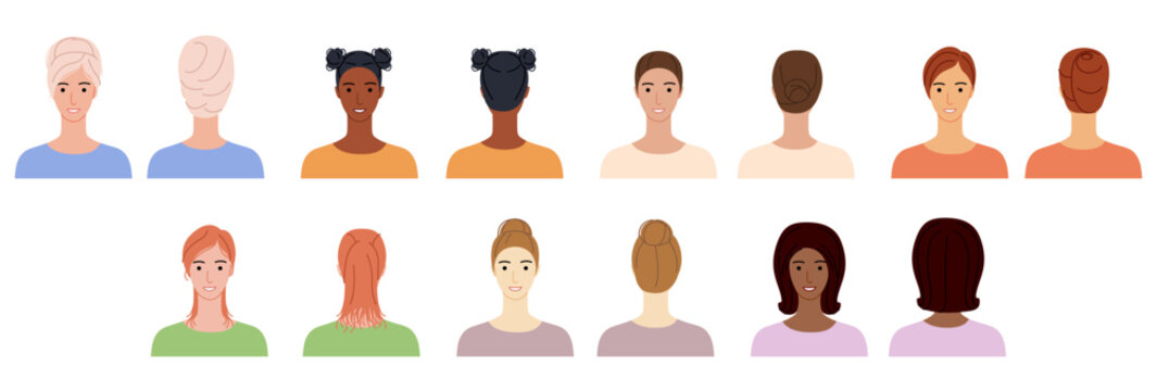 Styled hair looks flat color set with bun, ponytail, french twist, bouffant, beehive, space buns and slick bun hairstyles, clean vector characters for beauty apps and fashion illustration