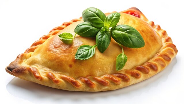 Golden baked calzone with fresh basil leaves on a clean white background