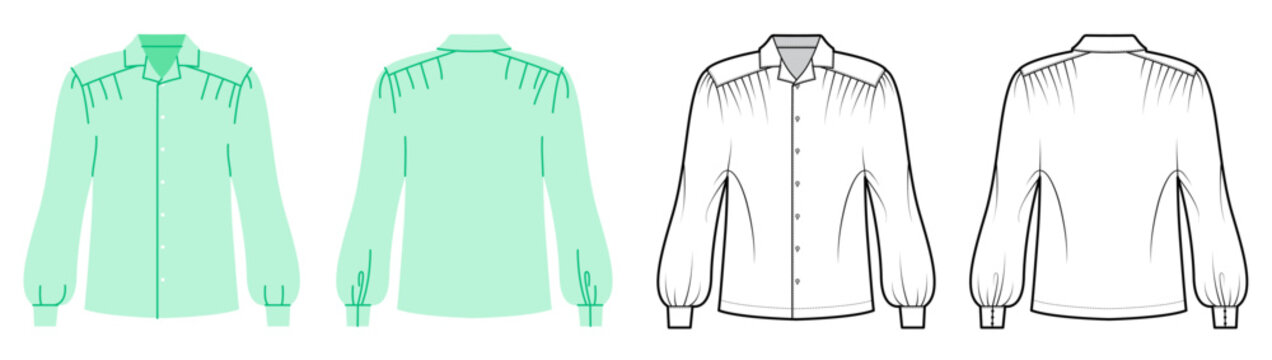 Western style shirt with pointed collar, button closure decorative yoke seams long sleeves and structured silhouette. Technical fashion illustration in black white and color, front back views. Vector