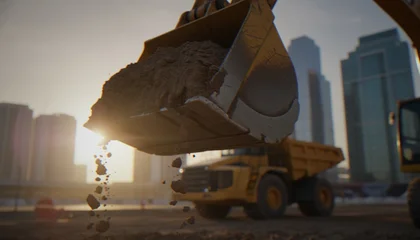 Fotobehang Vrachtwagen An excavator bucket lifting dirt at a construction site with a large dump truck and city skyline in the background during golden hour.  © Varos