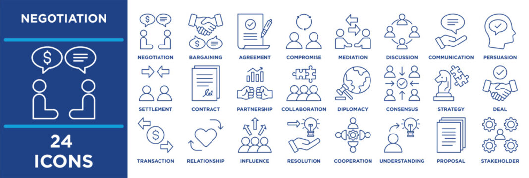 Negotiation icon collection set. Containing negotiation, bargaining, agreement, compromise, mediation, discussion, communication, persuasion. line vector.