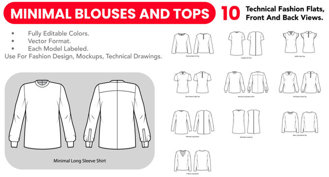 Minimal Blouses And Tops set with black and white technical fashion flats, front and back views, outline versions, clean lines and simple silhouettes. Vector illustration