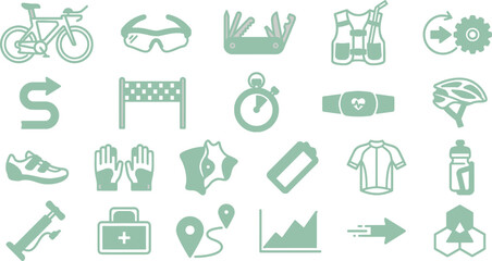 Fototapeta premium A set of light green flat vector icons showcasing essential cycling equipment and racing sports gear