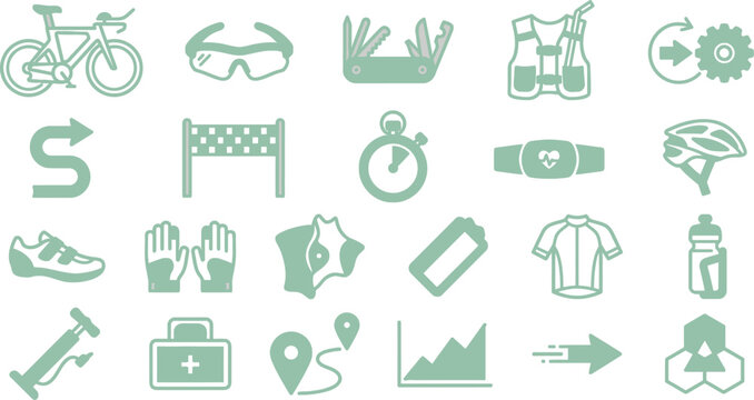 A set of light green flat vector icons showcasing essential cycling equipment and racing sports gear