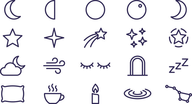 Set of dark blue night theme vector icons featuring celestial bodies and cozy bedtime elements