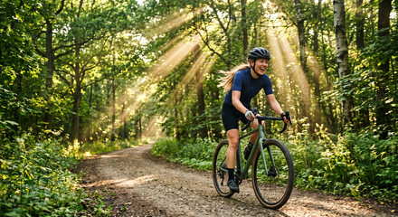 Naklejka premium A dynamic photograph of a person happily riding a bicycle along a tree-lined path in the summer. Sun rays breaking through the leaves. Free and energetic.