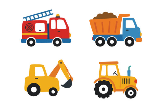 Cute construction vehicles and trucks vector illustration set