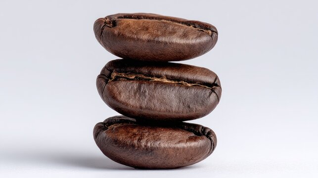 Stack of Three Roasted Coffee Beans on a White Background.