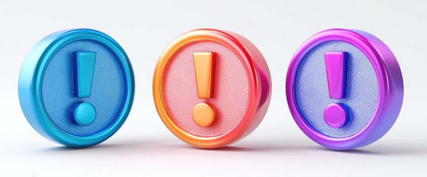 Three colorful 3D exclamation mark icons in a row, representing alerts or warnings.